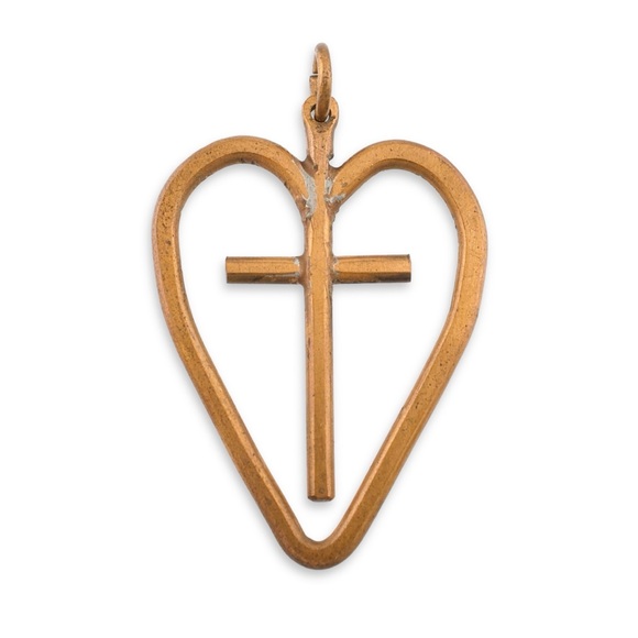 Vintage Copper Cross & Heart Necklace Pendant Hand-Forged - Picture 1 of 4